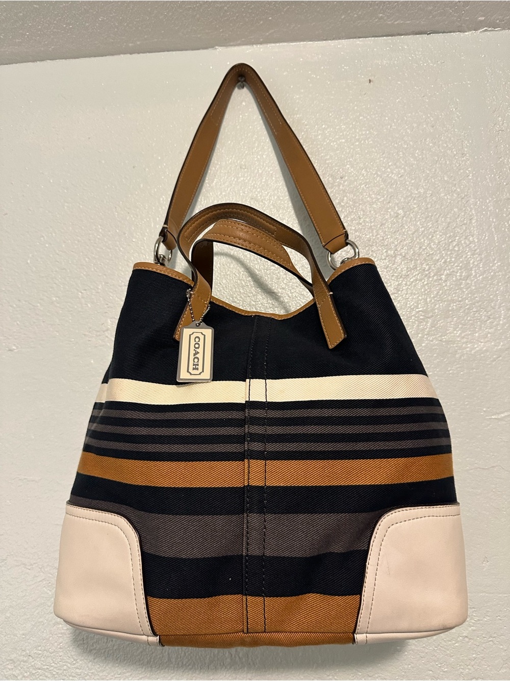 Coach Striped Canvas Leather Trim Shoulder Tote Bag Satchel